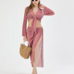 Gül Kurusu Pliseli Minimal Çiçekli Pareo Takım