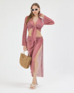 Gül Kurusu Pliseli Minimal Çiçekli Pareo Takım