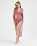 Gül Kurusu Pliseli Minimal Çiçekli Pareo Takım - Görsel 2