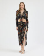 Siyah Pliseli Çiçekli Pareo Takım